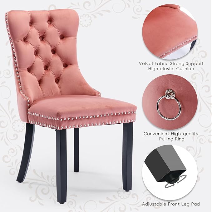 Velvet Upholstered Dining Chairs Set of 2, Modern Style Kitchen Side Chairs w...
