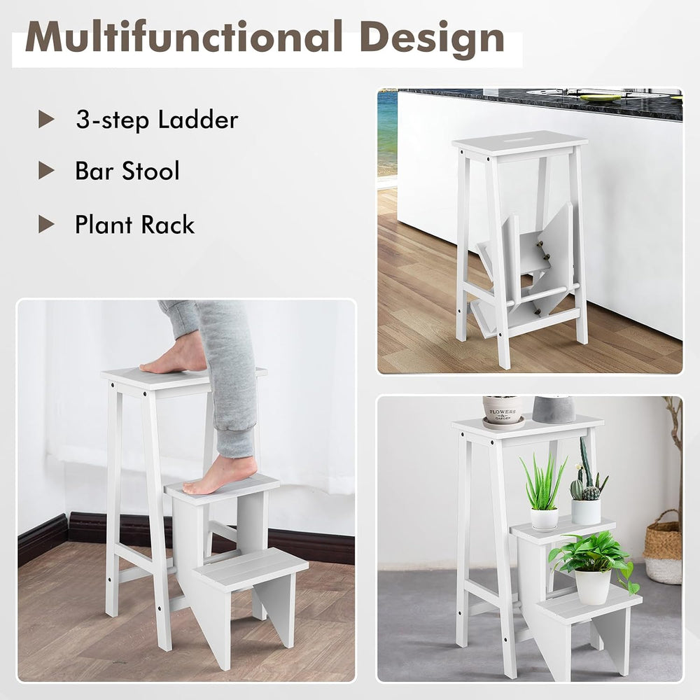 Giantex 3 Tier Folding Step Ladder, Multifunction 3-in-1 Wood Step Stool, Dis...