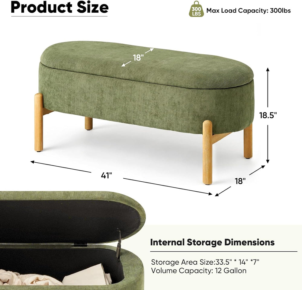 Storage Bench Ottoman With Hidden Storage And Corduroy Fabric, Green | Oval U...