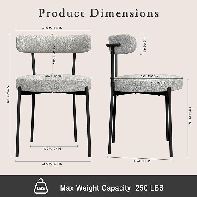 Boucle Dining Chairs Set of 2, Round Kitchen Chairs with Curved Backrest and ...