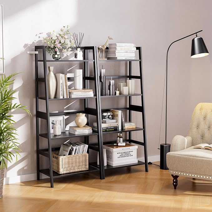 HITNET Ladder Shelf Black, 4-Tier Bookshelf, Freestanding Bathroom Storage Ra...