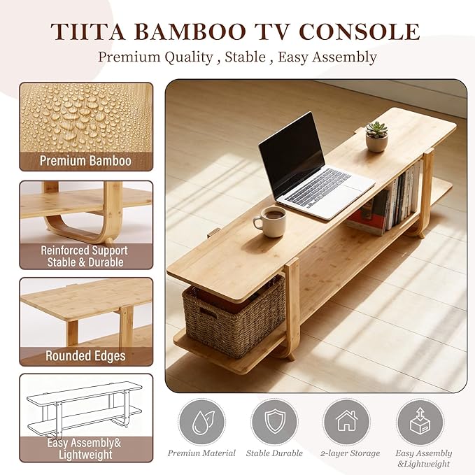 Tiita Bamboo TV Stand for 55 Inch TV, Entertainment Center with 2 Open Shelf,...