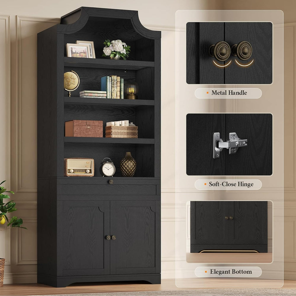81"x31.4" Tall Arched Bookcase with Large Drawer & Doors