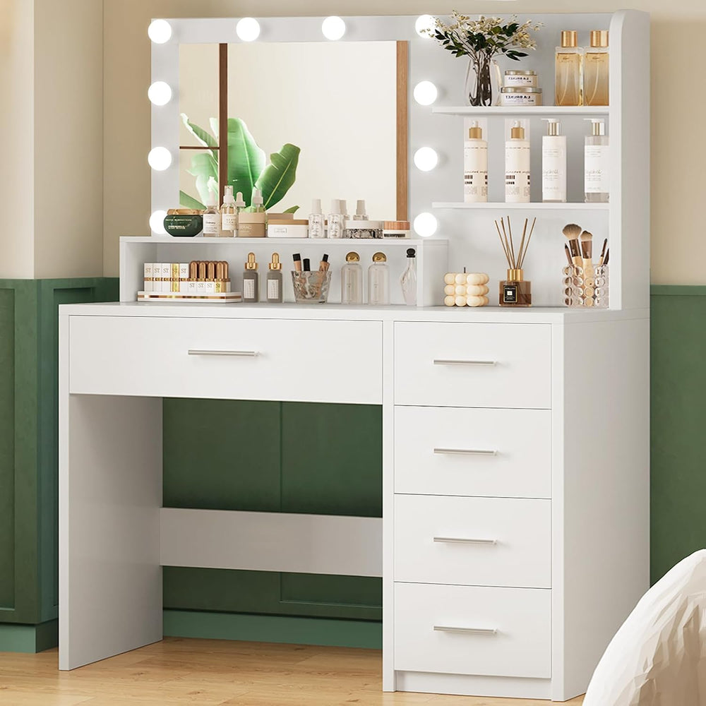 Quimoo Vanity Desk with Mirror & Lights, Makeup Vanity with 5 Drawers &am...