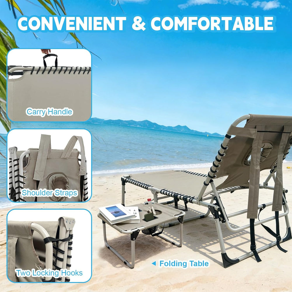 Backpack Sun Tanning Chair with Face Hole & Beach Table, 5-Position Adjus...