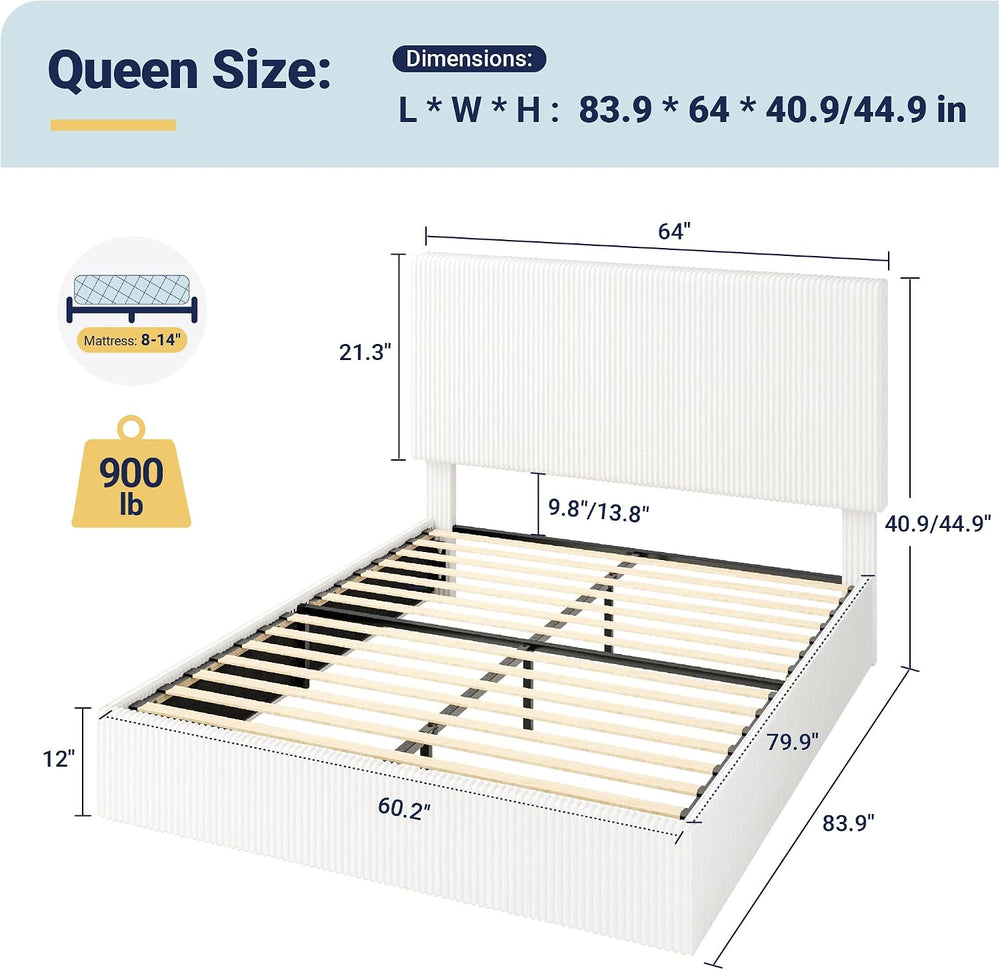 Allewie Queen Bed Frame, Adjustable Corduroy Headboard, Platform, White