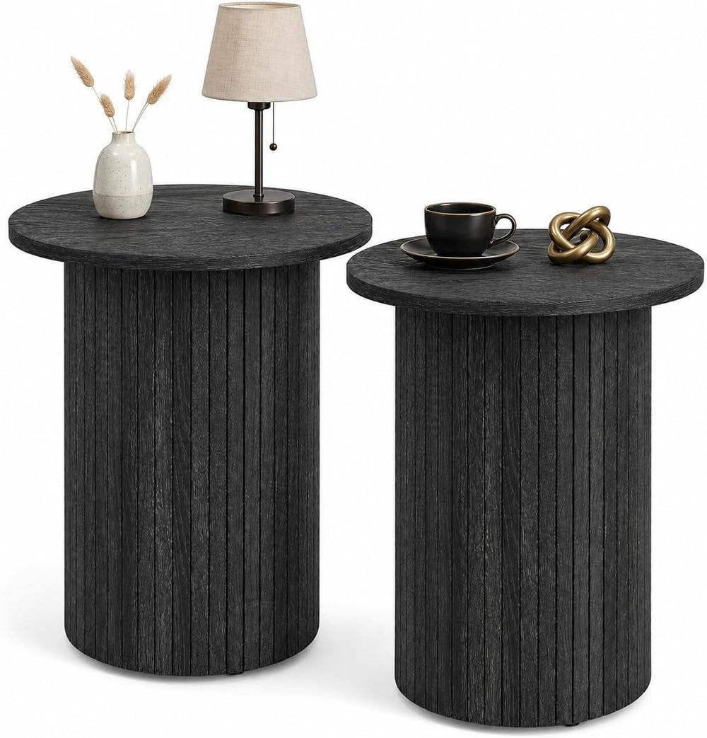 GIANTEX Round Fluted Side Table Set of 2, Drum Pedestal End Tables, Black