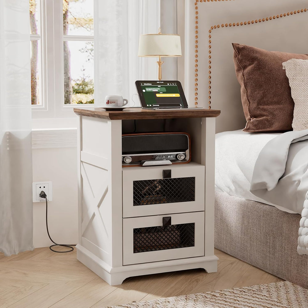 Farmhouse End Table with Charging Station, Nightstand with 2 Drawers & Op...