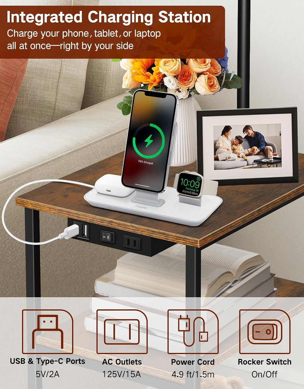 Floor Lamp with Table & Remote, Side End Table with Charging Station, Dim...