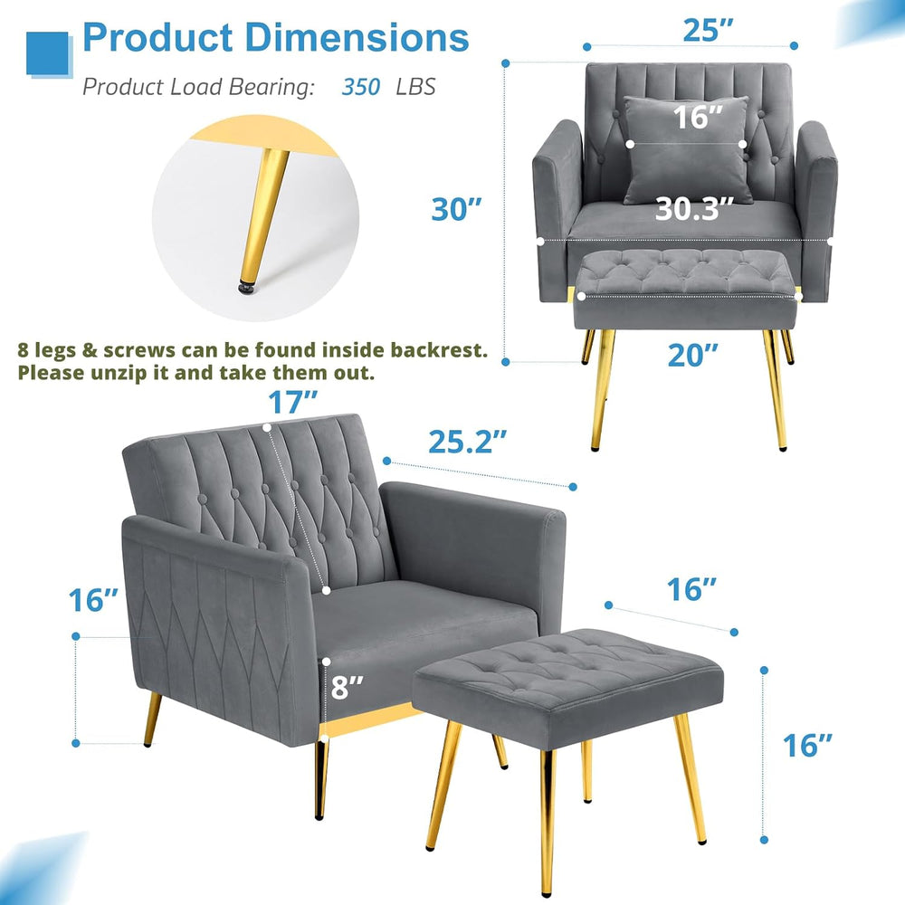 2 Pieces Velvet Sofa Set with Adjustable Armrest and Backrests, Grey