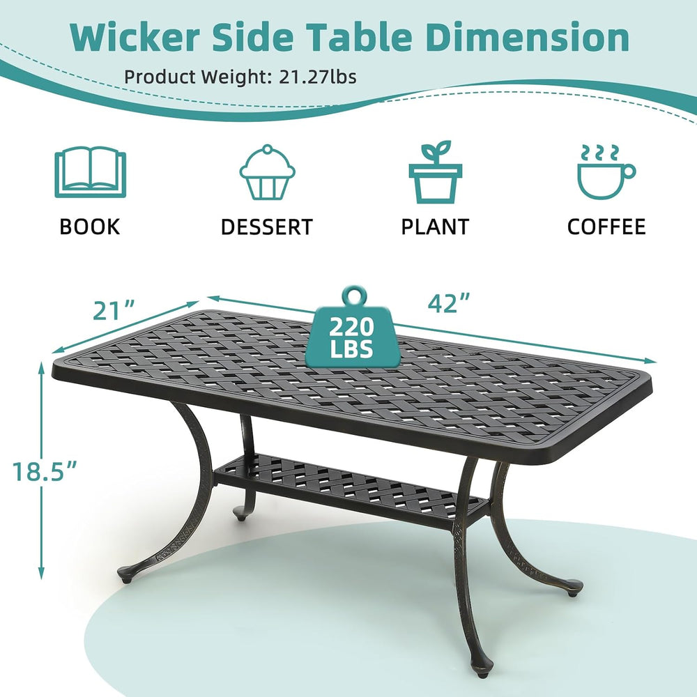 MEETWARM Outdoor Cast Aluminum Coffee Table, 42" Rectangle Patio Coffee ...