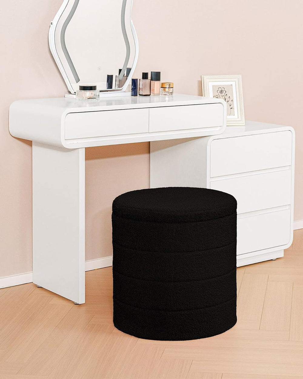 B FSOBEIIALEO Folding Storage Ottoman, Round Sherpa Ottomans, Black | 16.9&qu...