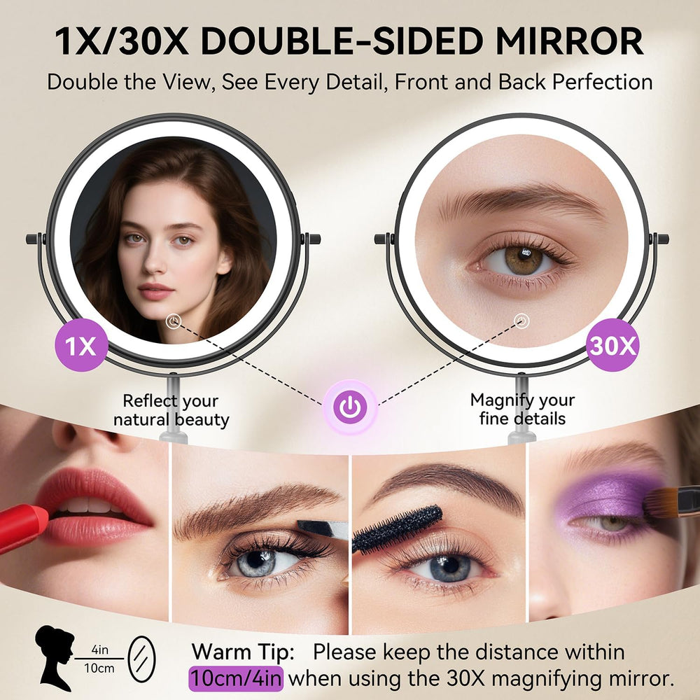 Auxmir 9" 5000mAh Magnifying Mirror, 1X/30X Lighted Makeup Mirror, Black