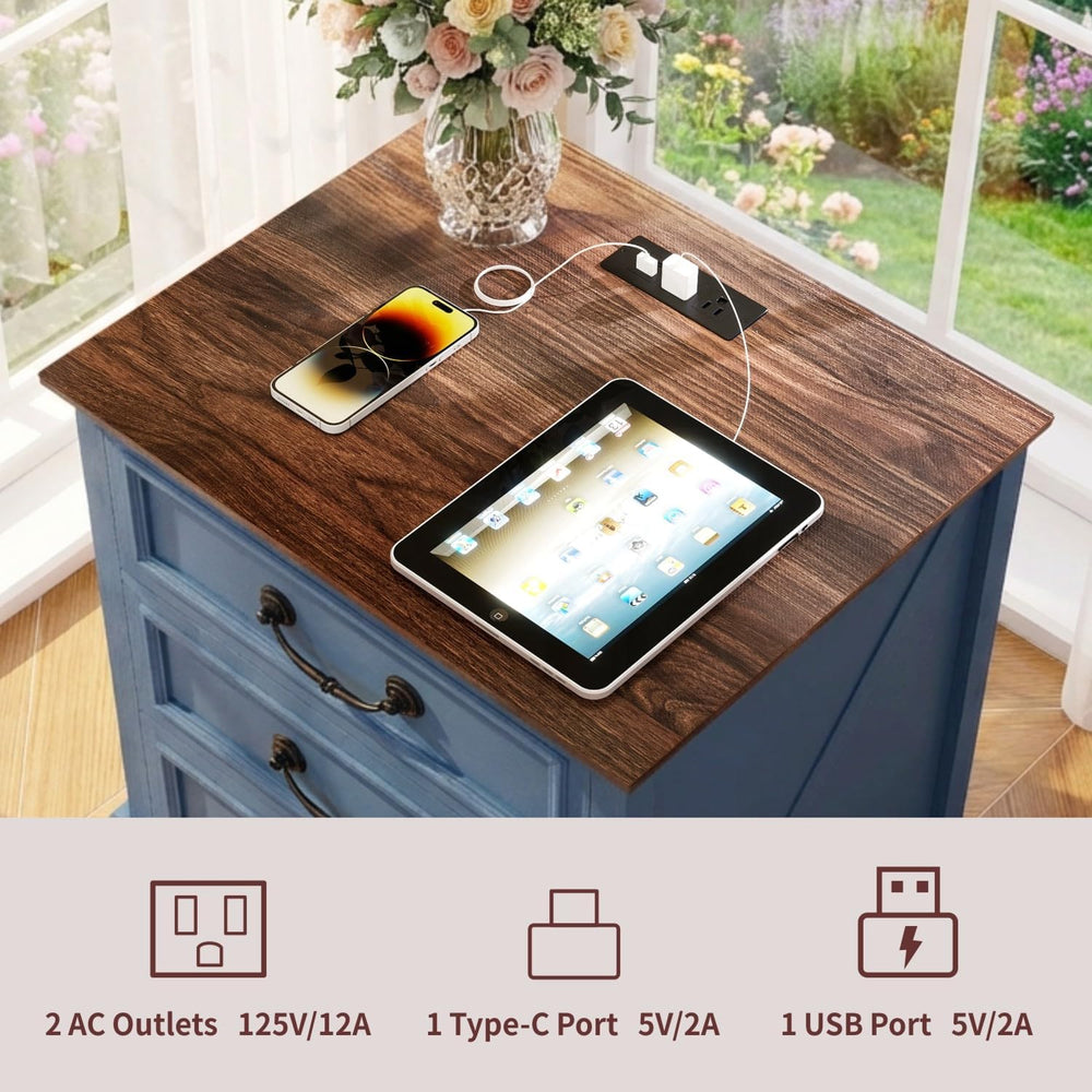 Vipbear Nightstand with Charging Station Set of 2, 22.4" Wide Farmhouse ...