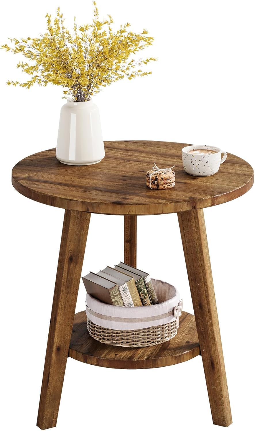 Tribesigns Solid Wood Round Side Table, 2-Tier Farmhouse End Table with Stora...
