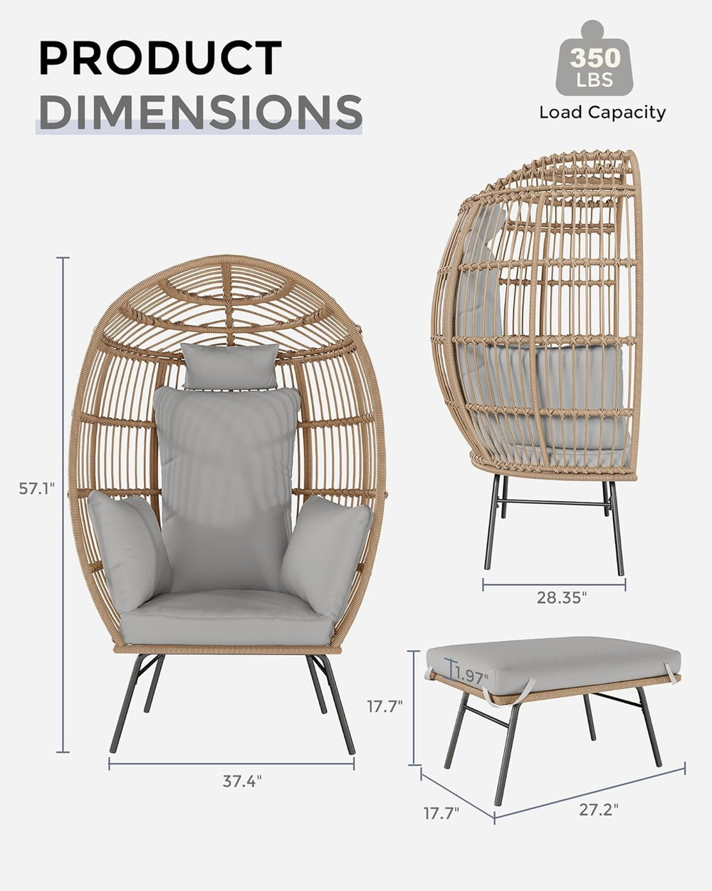 Wicker Egg Chair with Ottoman, Oversized Egg Shaped Lounge Chair with Thick C...