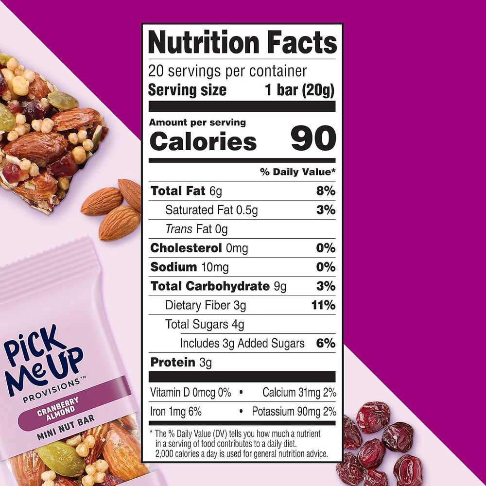 Pick Me Up Provisions Mini Cranberry Almond Nut Bar, 0.71 oz, 20/Bx