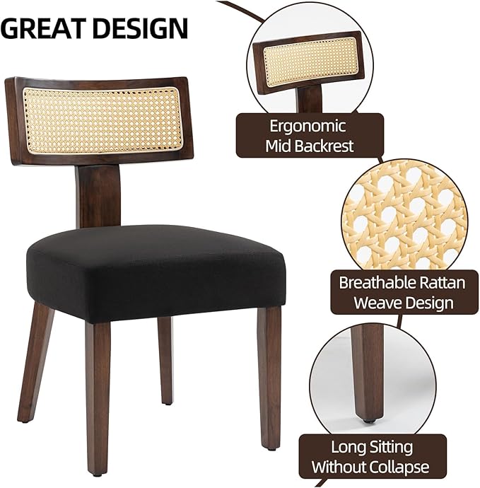 Upholstered Rattan Dining Chairs Set of 2, Mid-Century Modern Fabric Dining R...
