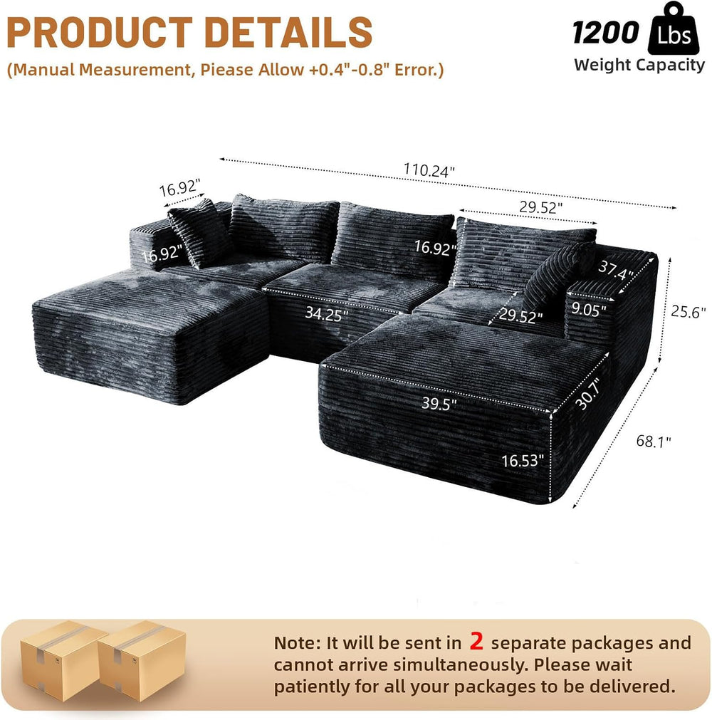 110 Modular Sectional Sofa with 2 Ottomans, Corduroy U-Shaped Modular Section...
