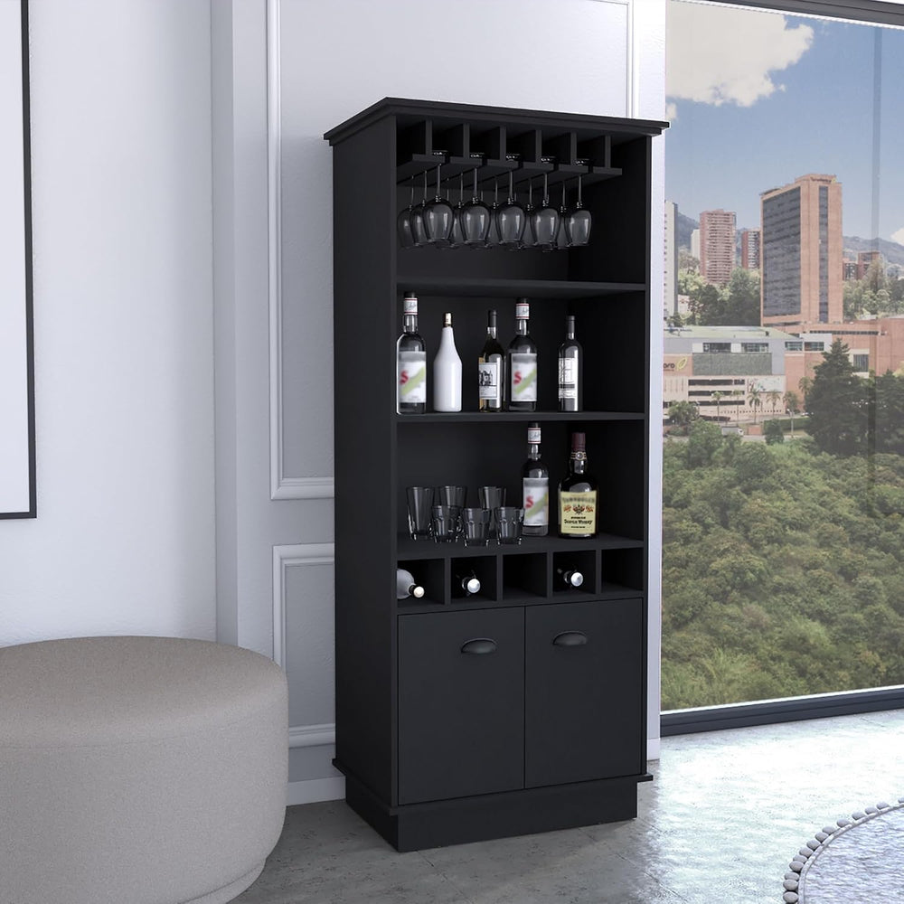 70-Inch High 10-Glass Bar Cabinet with 5 Cubbies and 3 Open Shelves and Cabin...
