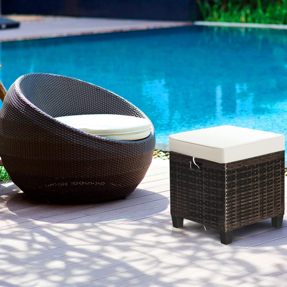 Set of 2 Outdoor Wicker Ottomans, All Weather Rattan Patio Footstool w/Remova...