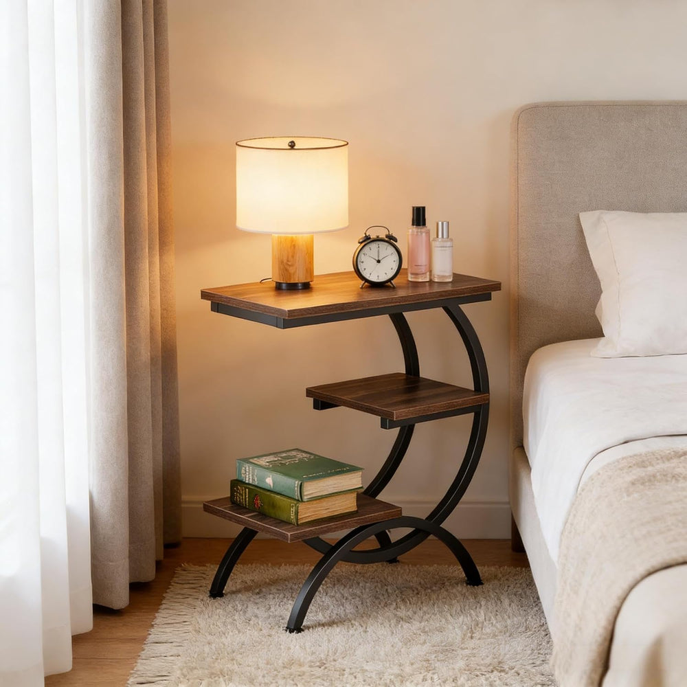 C-Shaped End Table, Narrow End Table with 3 Storage Shelves, 3-Tier Small Sid...