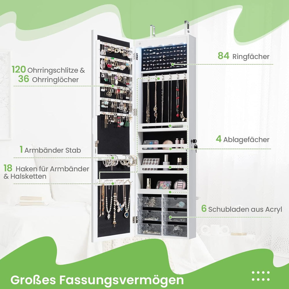 Hanging Jewellery Cabinet, Sail Cabinet with LED Lighting, Mirror and 6 Drawe...