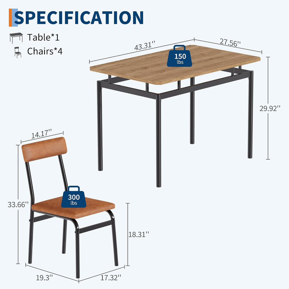 Garvee Dining Table Set for 4, 5 Piece Wooden Dining Table and Chairs, 4 PU U...