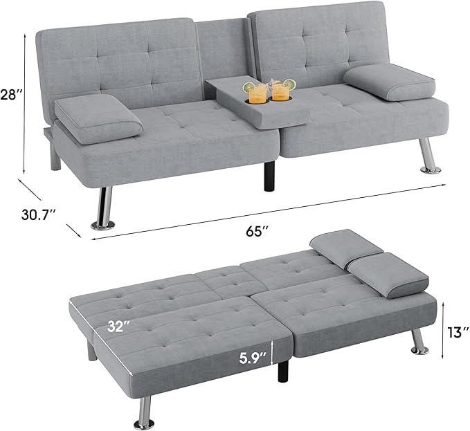 Flamaker Futon Sofa Bed Modern Folding Futon Set Linen Fabric Convertible Rec...