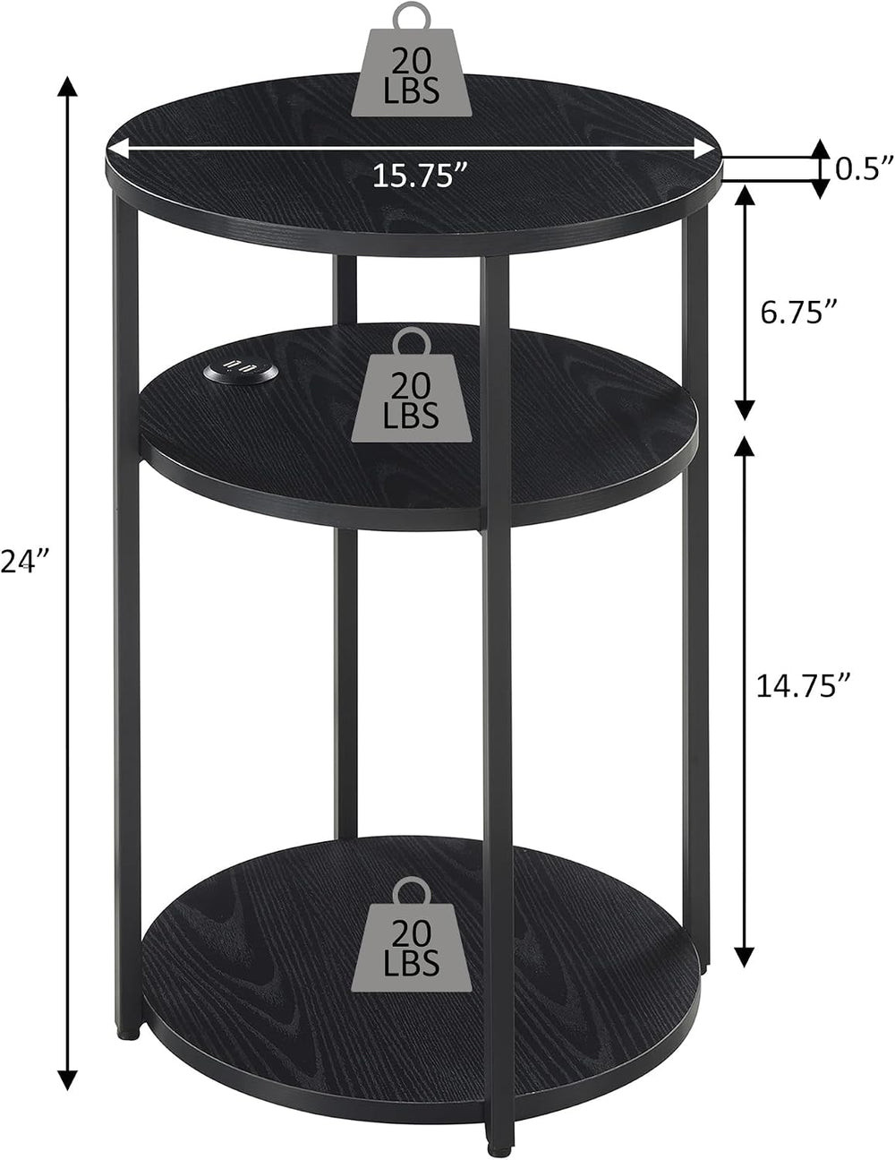 Convenience Concepts Simon End Table with USB Ports 15.75" – Modern 3-Ti...