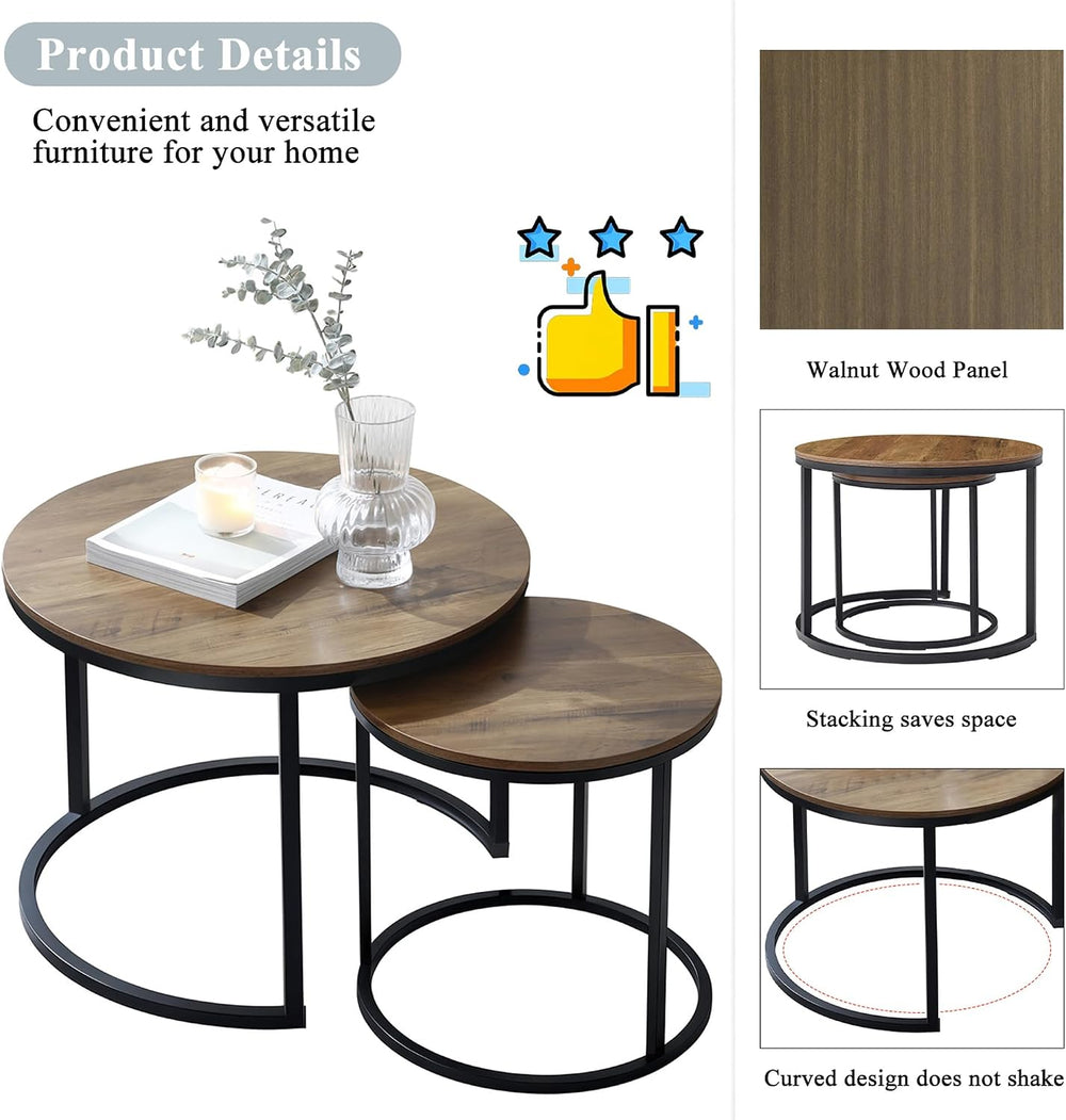 Nesting Coffee Table Set of 2, Round Coffee Table w/Wood Grain Top, Modern Li...