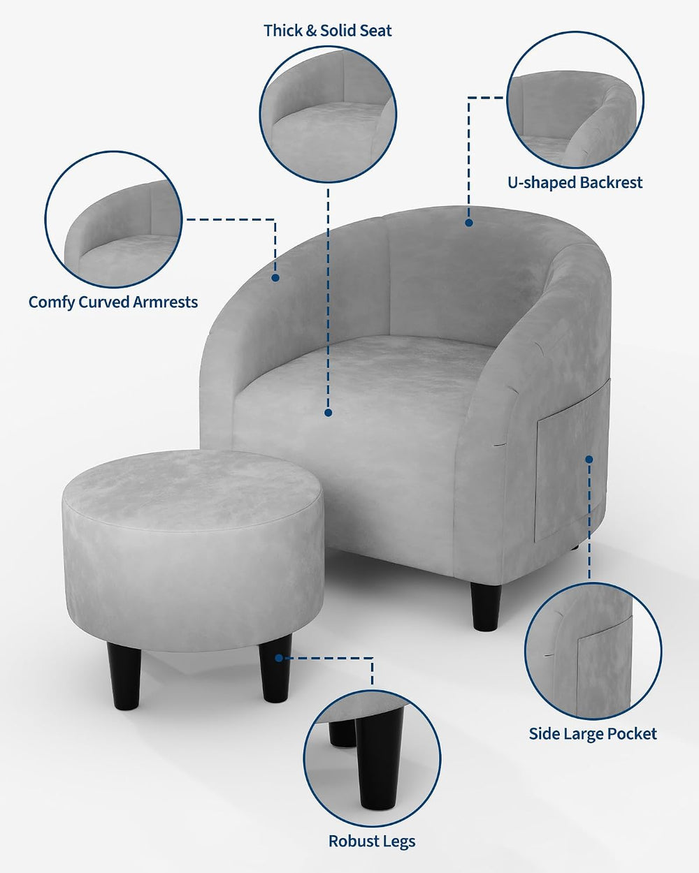 GarveeHome Chair and Ottoman Set, Modern Velvet Barrel Armchair for Living Ro...
