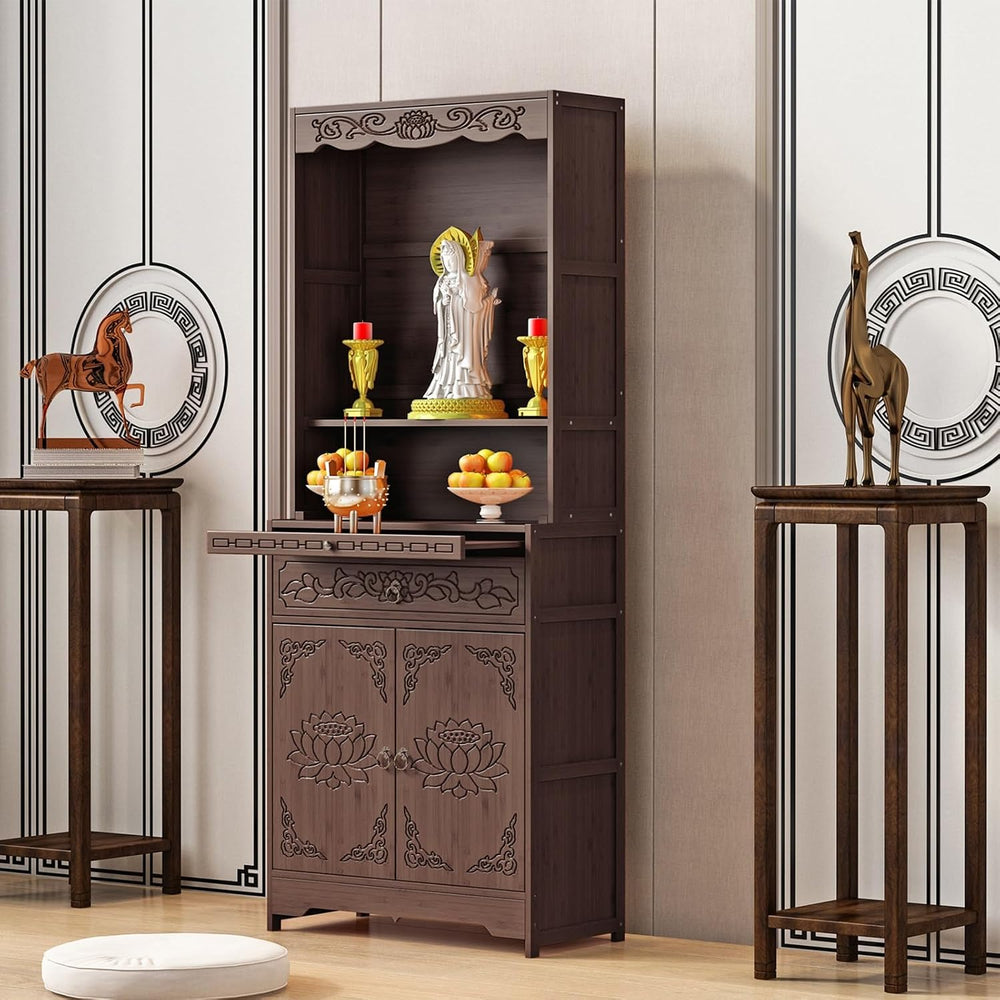 Meditation Table with Storage, Bamboo Buddhist Altar Cabinet, Personal Shrine...