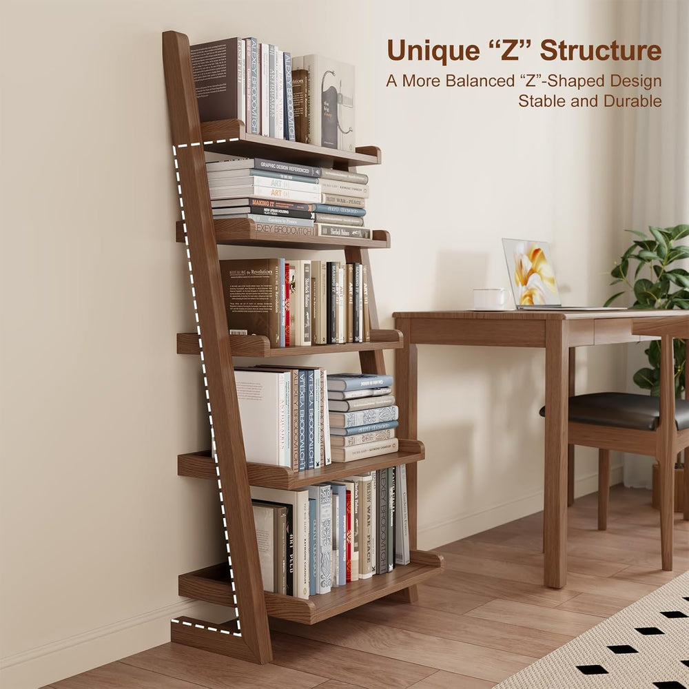 AQIMUELE Walnut Wooden Ladder Shelf with Edges, 5-Tier Modern Leaning Bookshe...