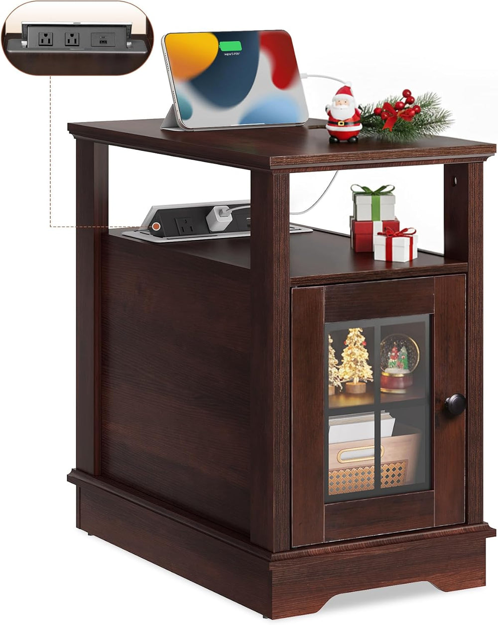 WLIVE Farmhouse End Table with Charging Station, Narrow Side Table with Stora...