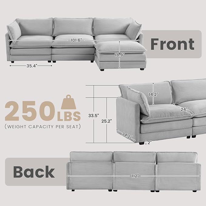 ROWHY Oversized Modular Sectional Sofa with Movable Ottoman, 112 Inch 4 Seat ...