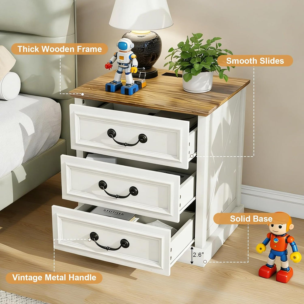 MUUEGM Night Stand with Charging Station Set of 2 Rustic White Bedside End Ta...
