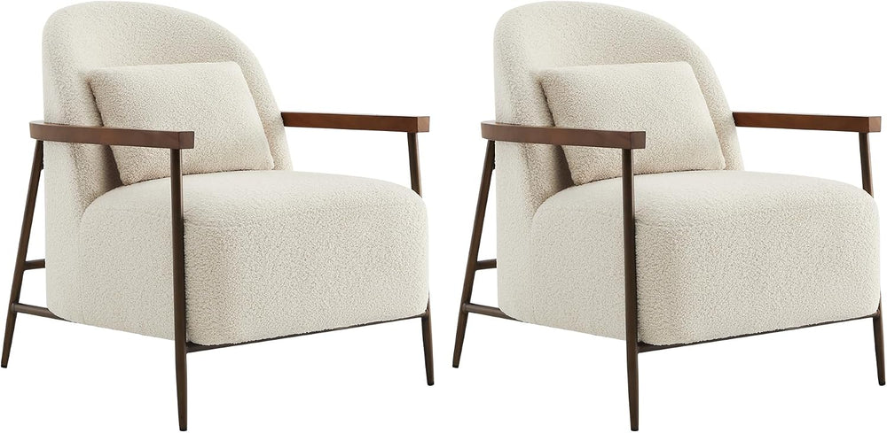 CHITA Accent Chair Set of 2, Sherpa Armchair with Wooden Armrest, Ivory