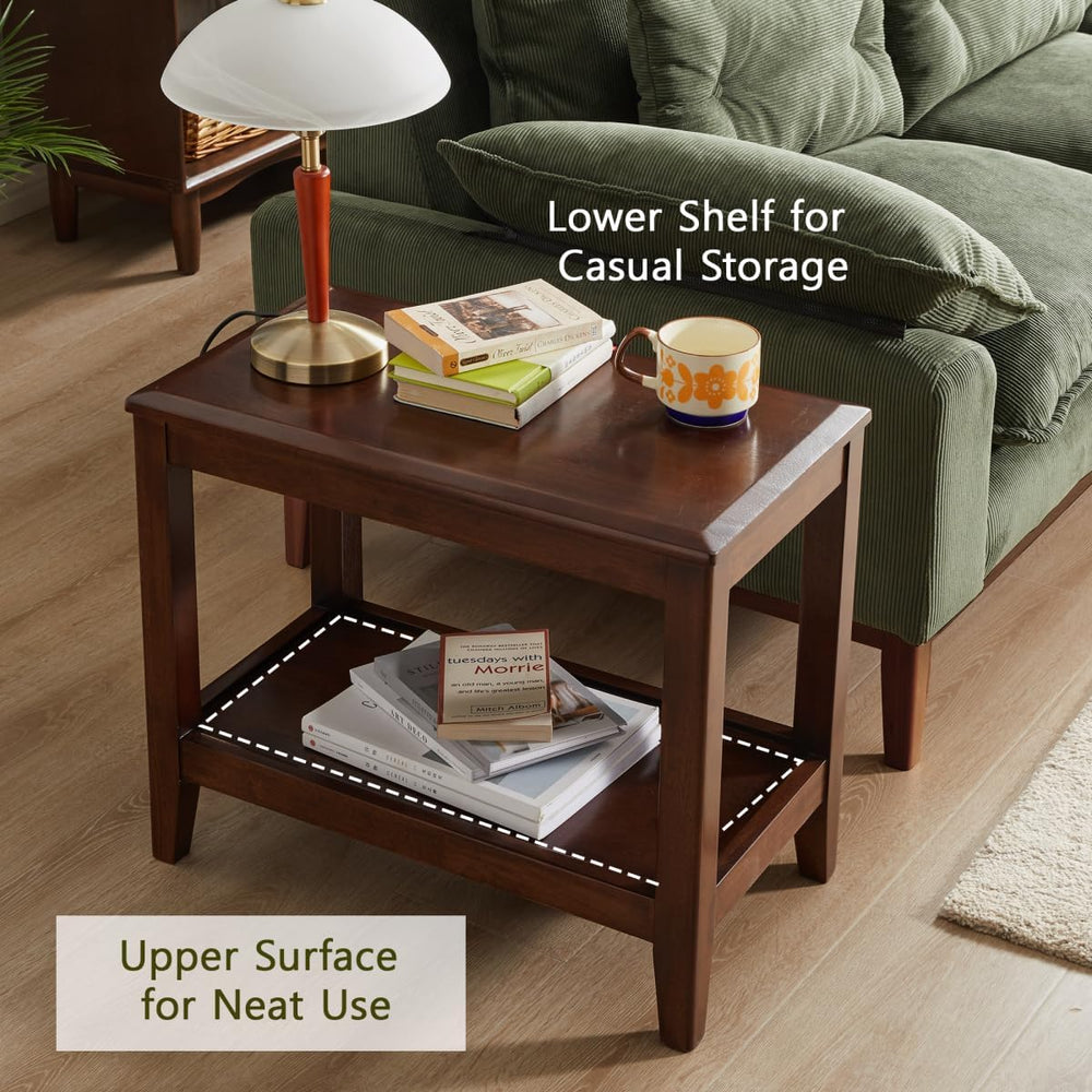 Solid Wood End Table with Storage Shelf, 2-Tier Rustic Side Table for Living ...