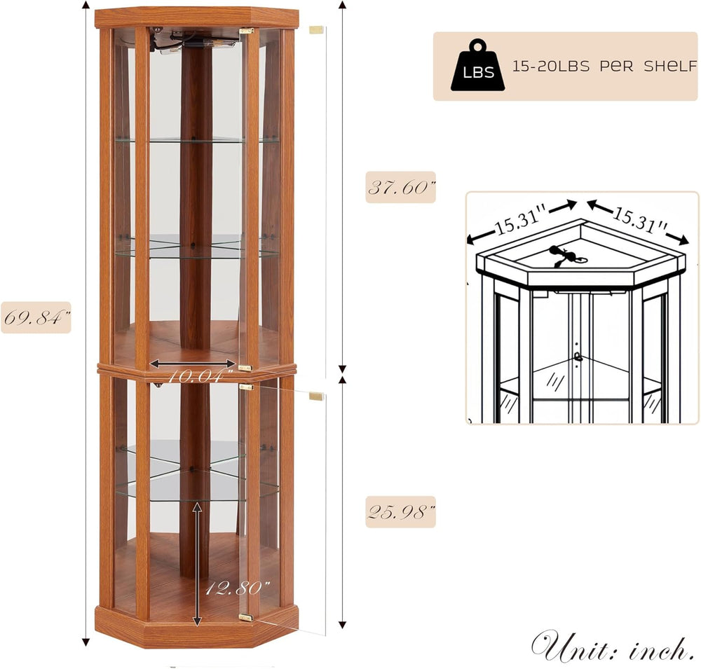 70" H Lighted Corner Curio Cabinet, Glass Display Cage with Tempered Gla...