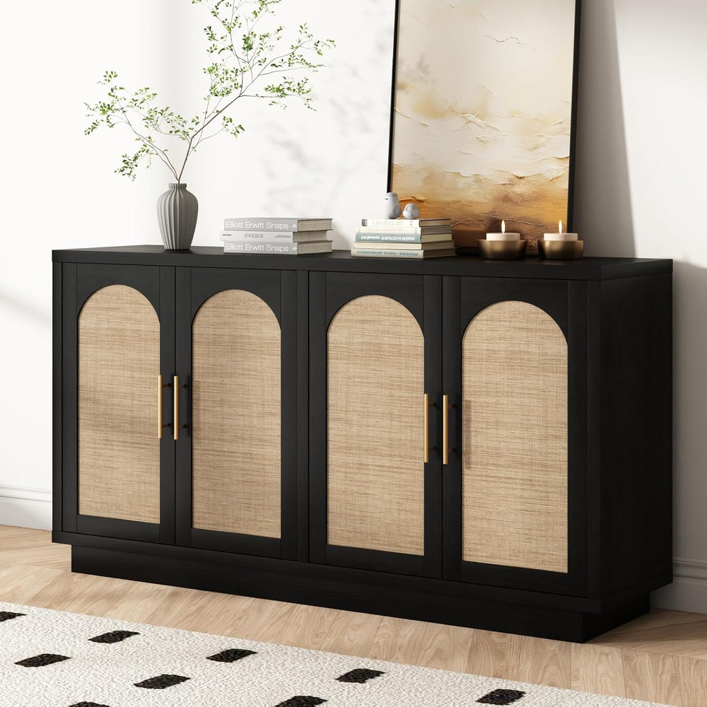 59" Rattan Sideboard Buffet Cabinet with Storage, 4 Arched Doors
