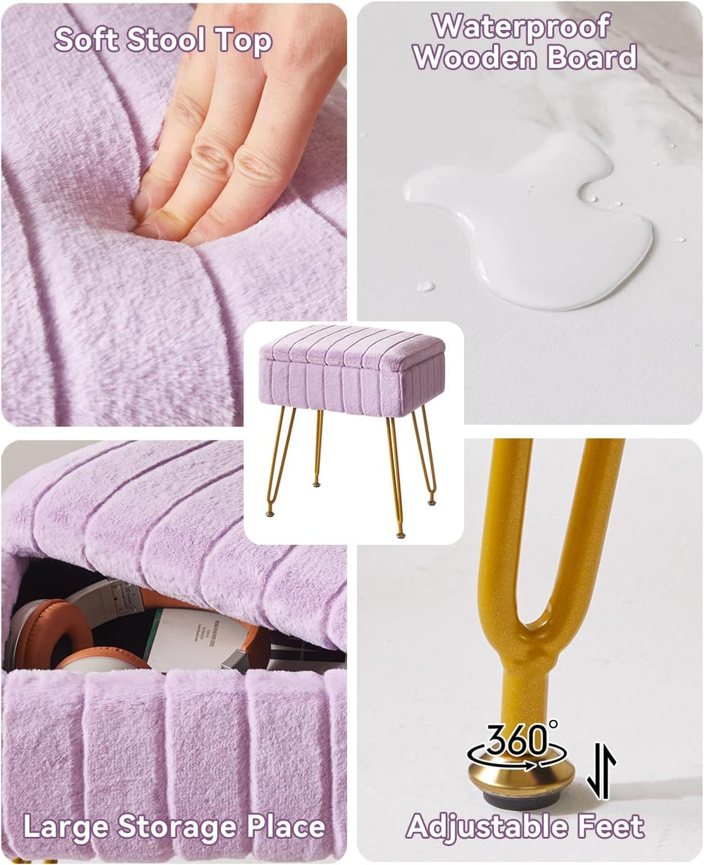 IBUYKE Vanity Stool Chair with Storage, Faux Fur Ottoman, Purple LG-50V | Foo...