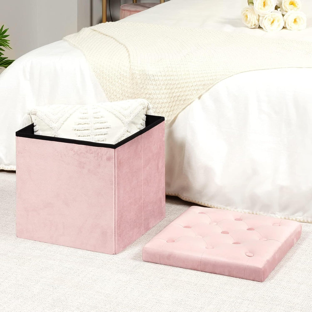 B FSOBEIIALEO Storage Ottoman Cube, Velvet Tufted Folding Ottomans with Lid, ...