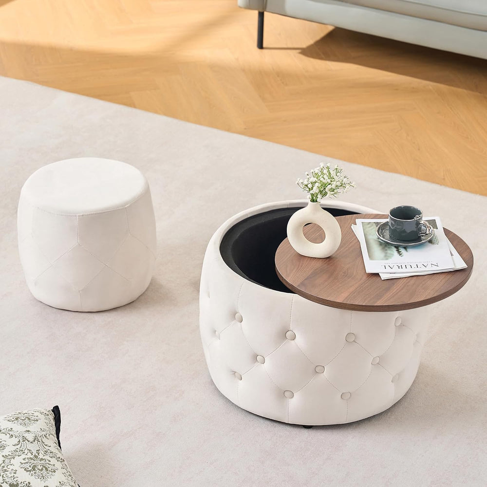 KEIKI Luxurious Velvet Nesting Ottomans of 2, 4-in-1 Round Storage Foot Stool...