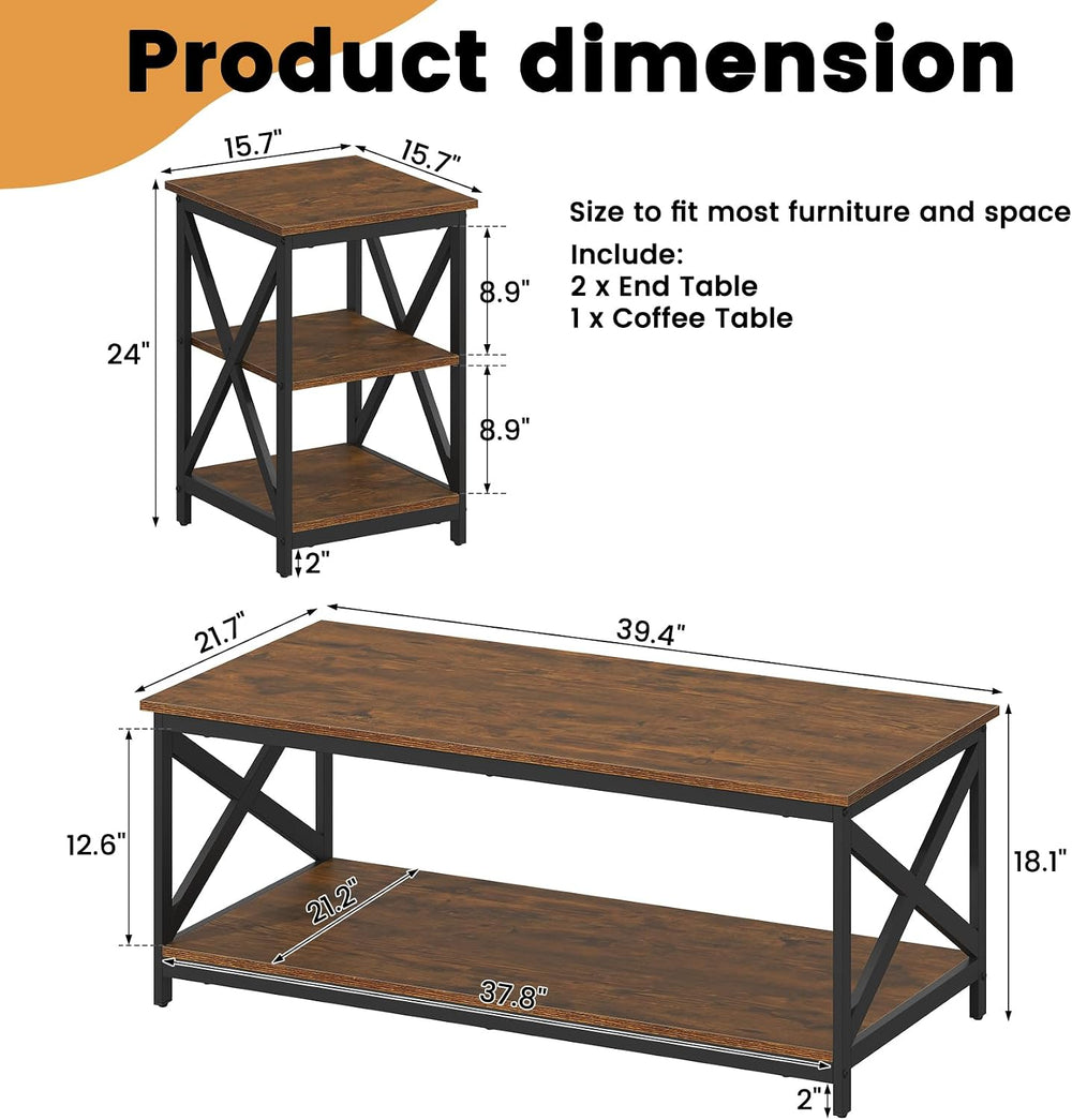 Bigbiglife Living Room Coffee Table Set of 3, Industrial X-Design Coffee Tabl...