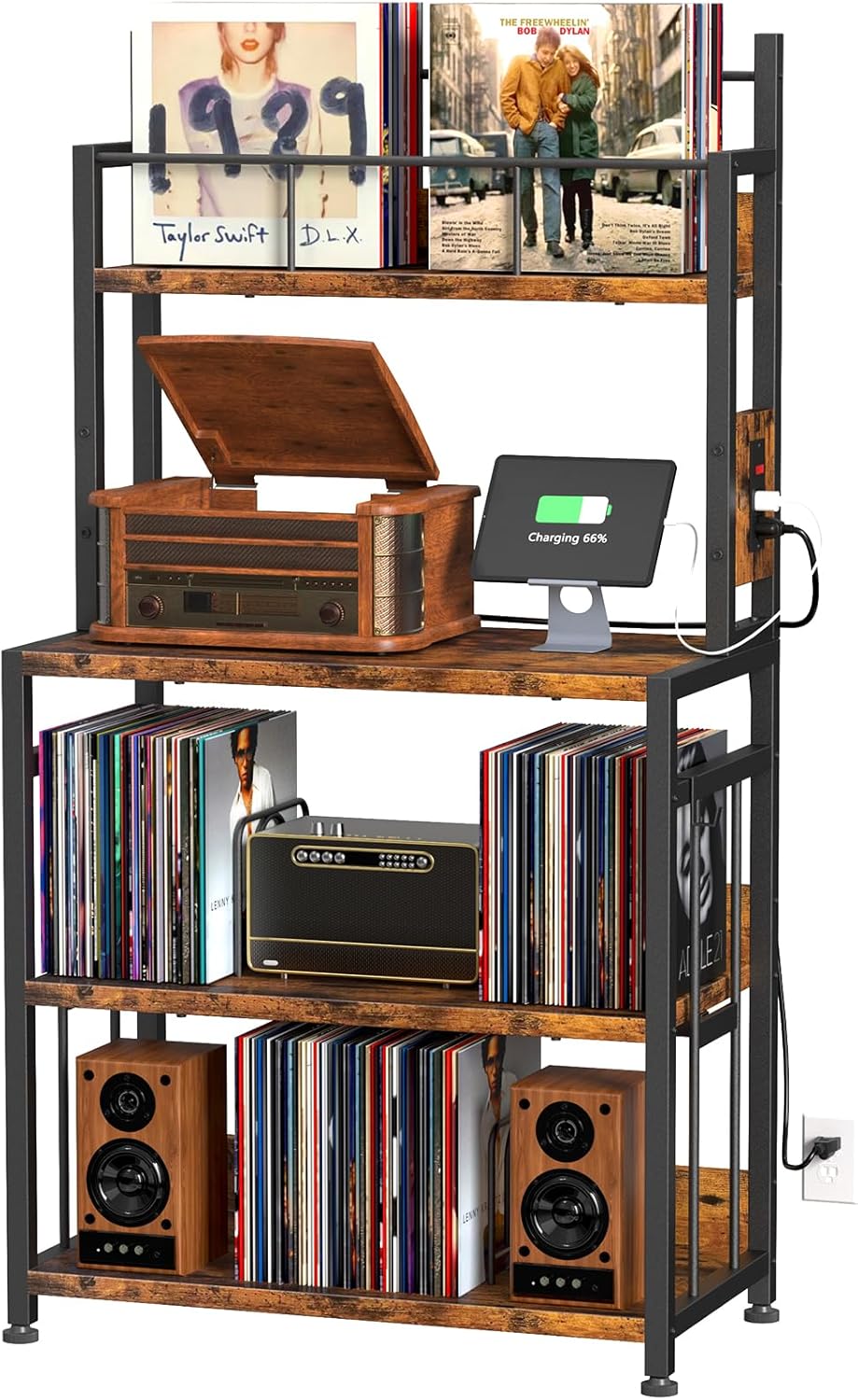 Record Player Stand with Power Outlets,Vinyl Display and Storage shelf | 4-Ti...
