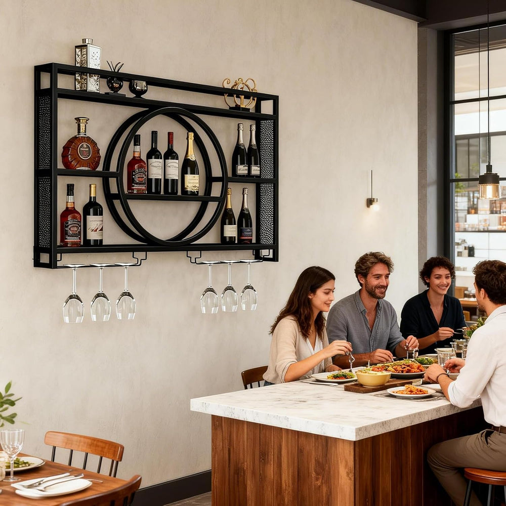 Wall Mounted Wine Rack, Metal Floating Bar Shelves with Wine Glass Holder, Mi...