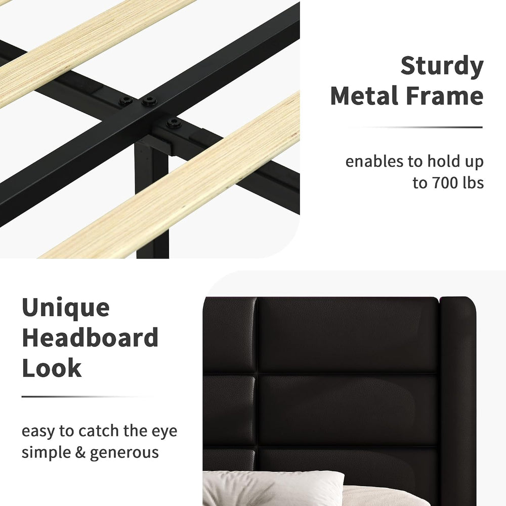 Full Size Upholstered Bed Frame with LED Lights Headboard, Modern Faux Leathe...