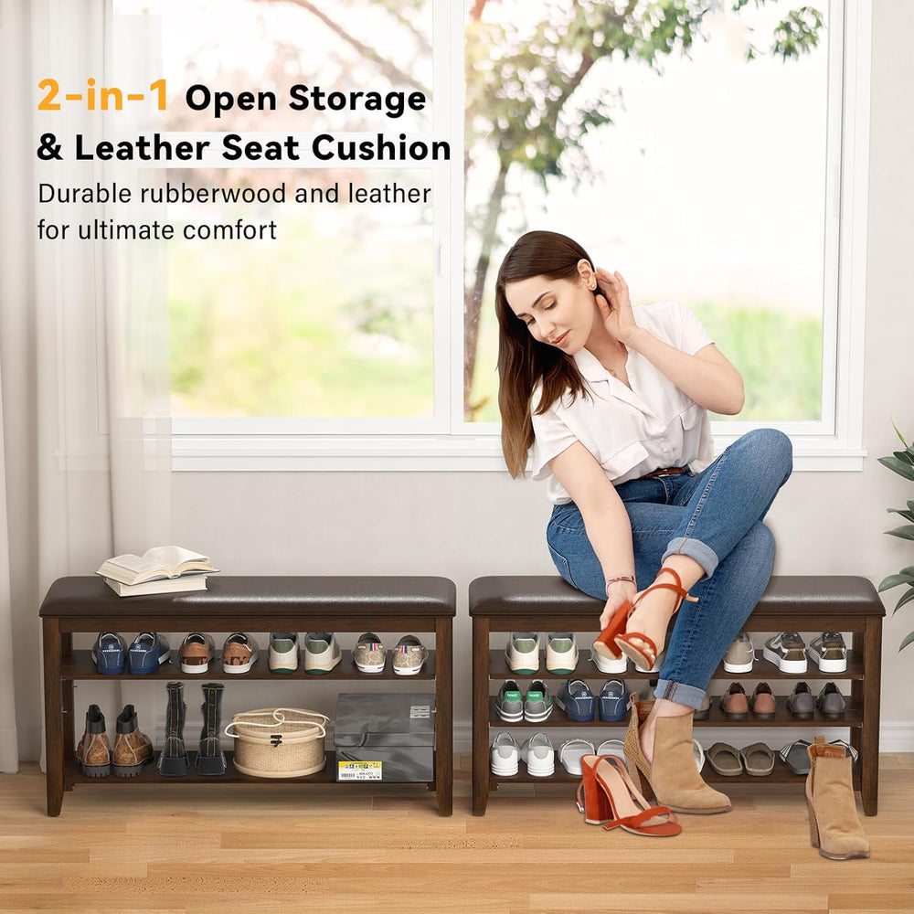 Shoe Rack Bench Entryway Storage with Leather Cushion, Shoe Organizer Bench f...