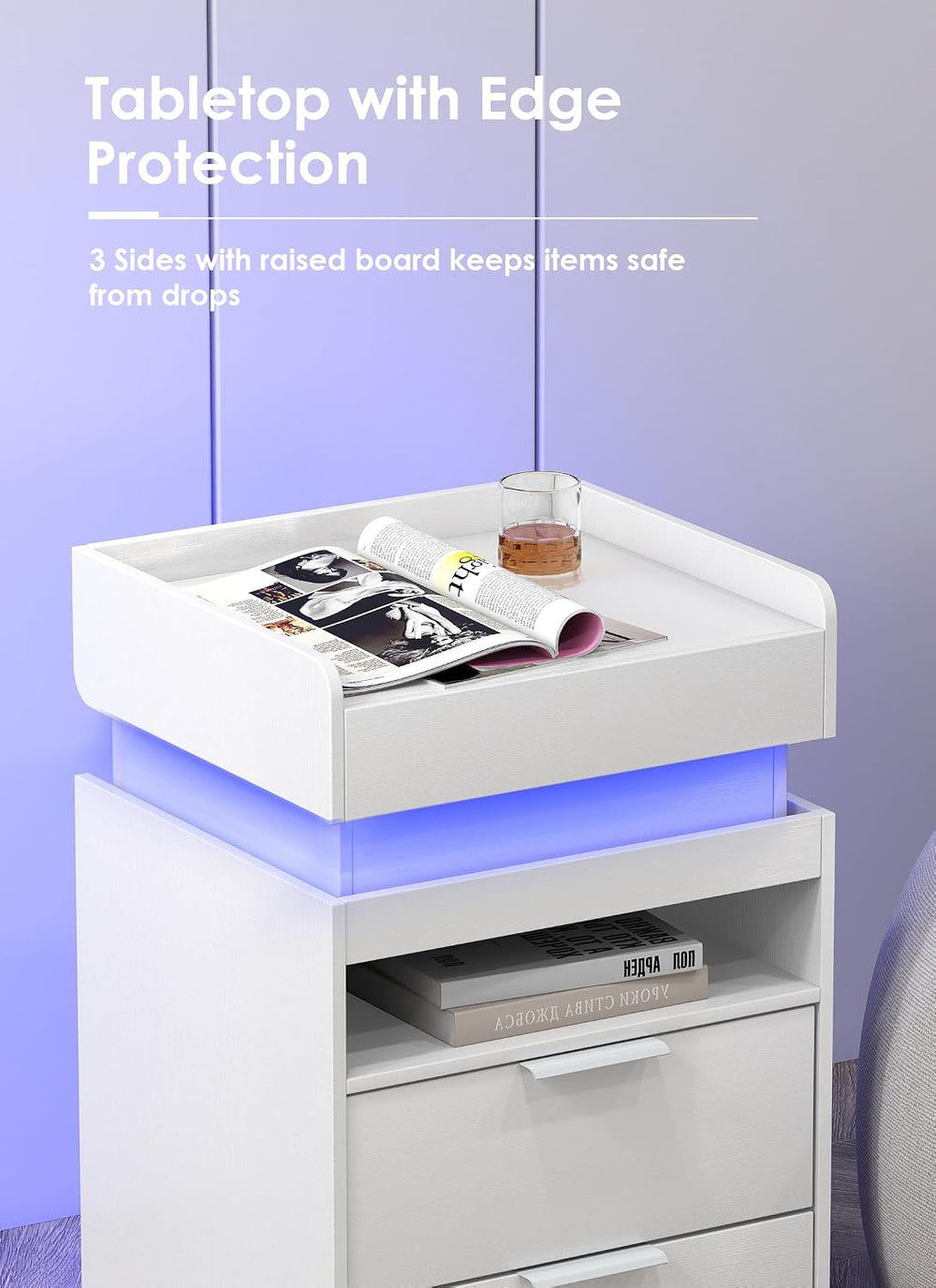 Turosur White Nightstand with Charging Station and LED Lights, Modern Beside ...